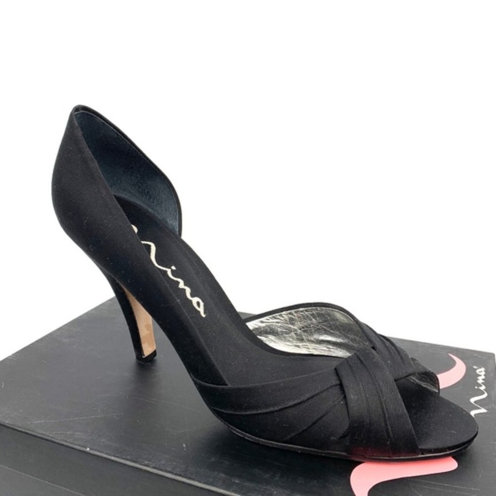 NINA Ettora Black Luster Satin‎ Peep Toe D'Orsay Pumps